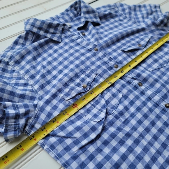 H&M LOGG Shirt Womens Blue White Button Up Plaid Shirt Short Sleeve Cotton Sz 14 - Picture 6 of 11